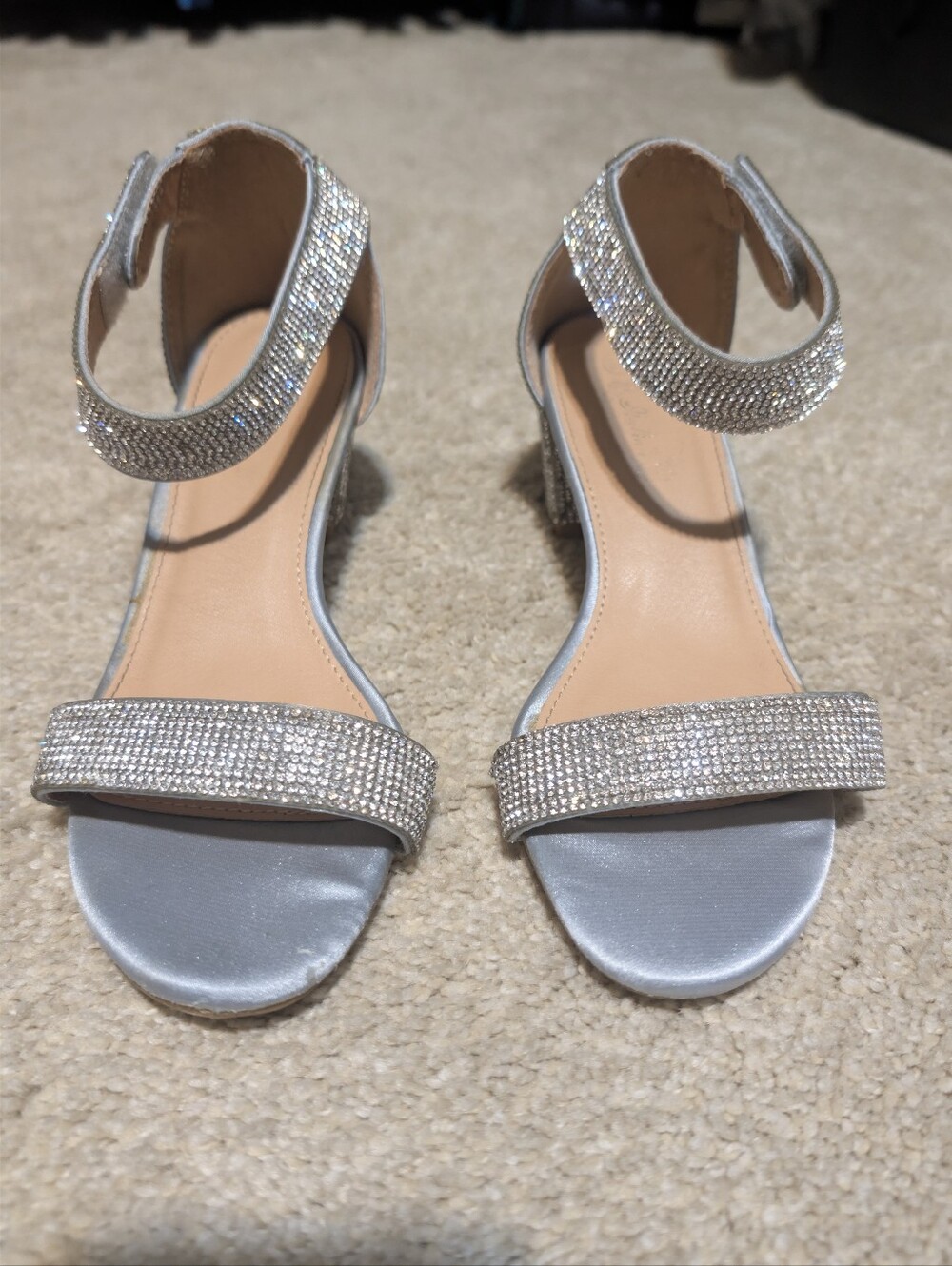 Crystal Embellished Silver Ankle Strap Heels - Women